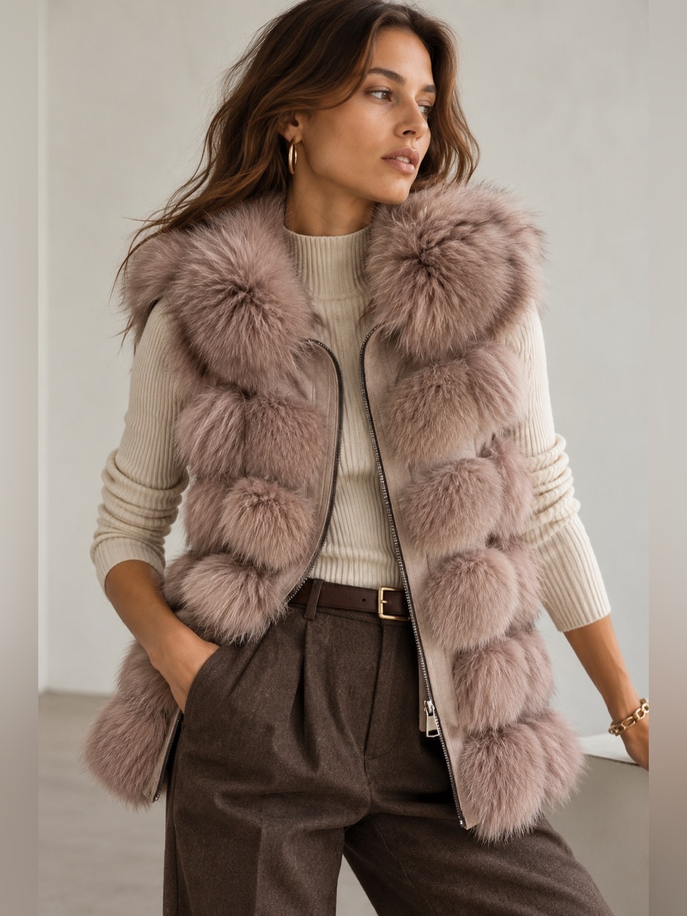 Blush Mauve Fur Suede Longline Zip Vest Quiet Luxury